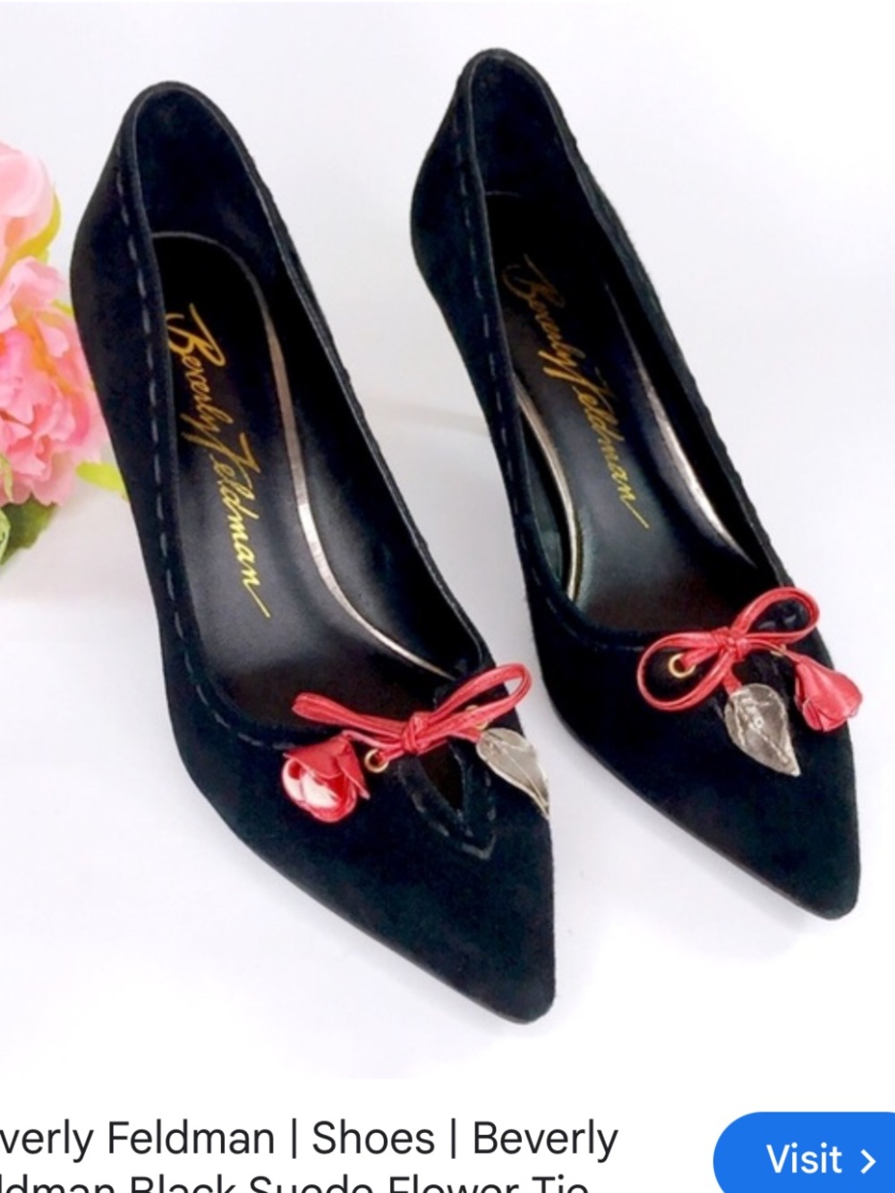 Beverly Feldman 10  Black Suede Pointed Heels with Red Bow Accents
